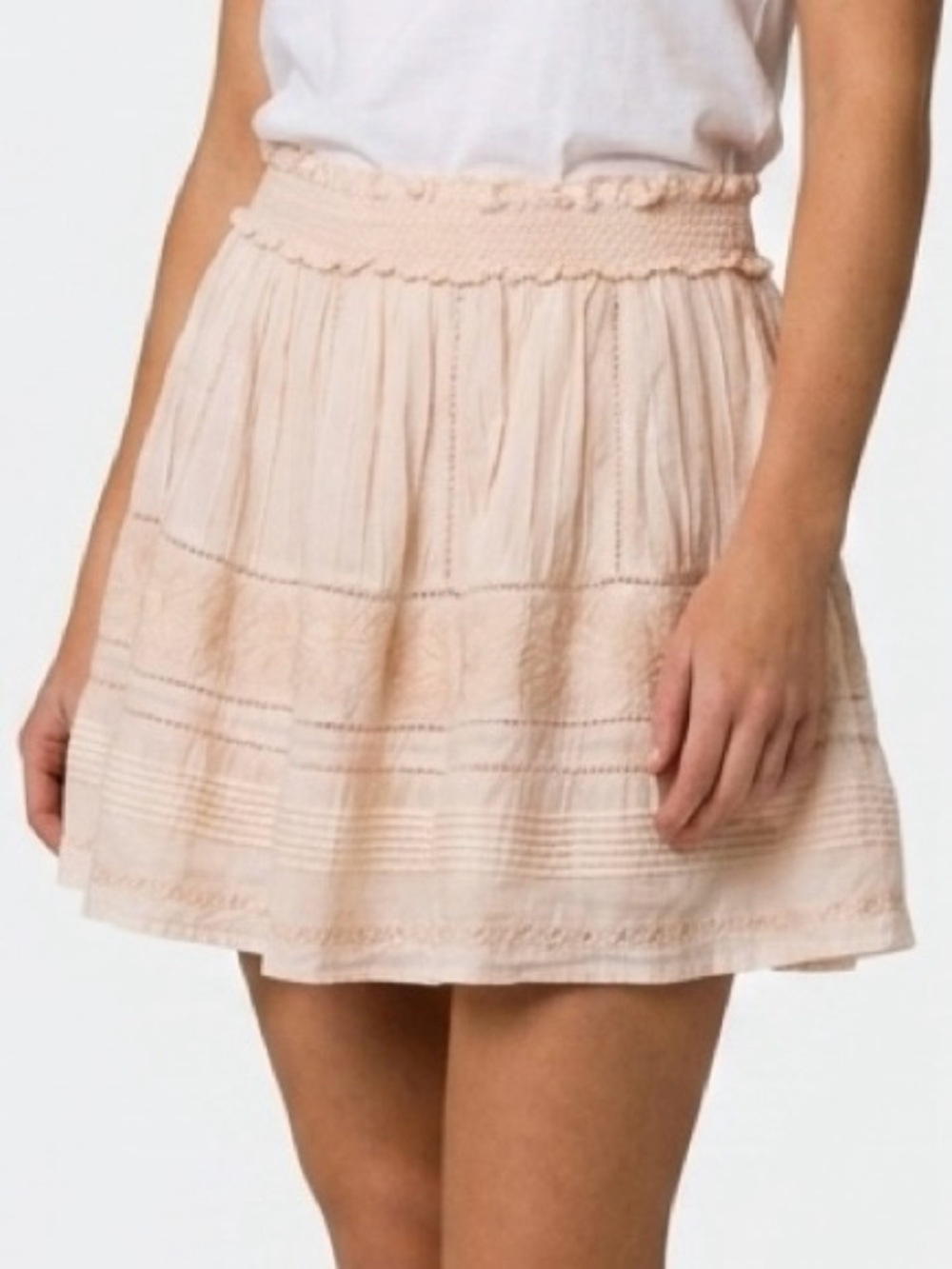 LoveShackFancy Pink Embroidered Lace Tiered Ruffle Cotton Mini Skirt Womens M